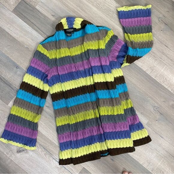 Peck & Peck Striped Crochet Open Front Cardigan Sweater  6 Gray Multi - Picture 10 of 12